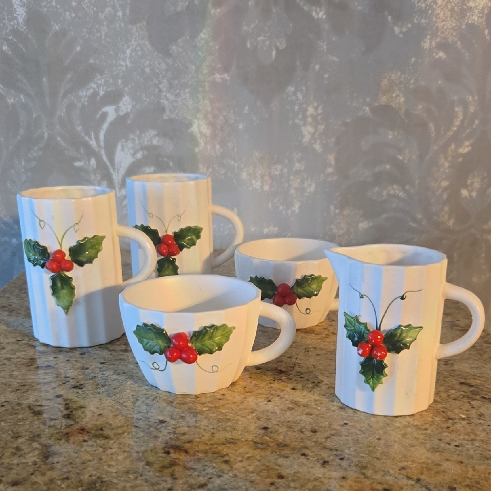 Vintage Christmas Holt Howard Japan Holly Berry Ceramic Mugs and Creamer Set